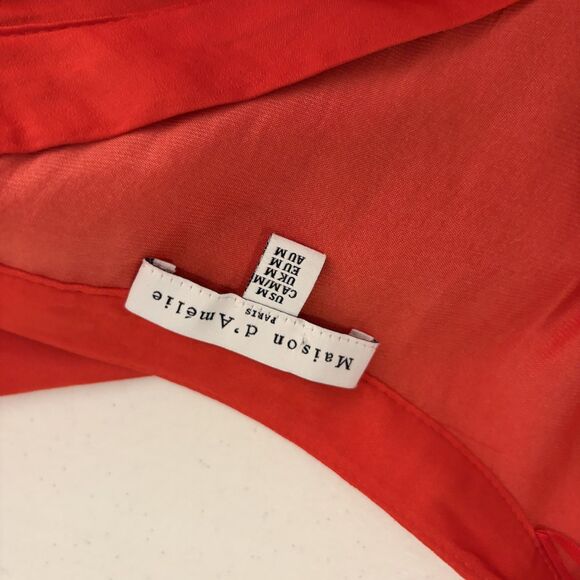 Maison D'Amelie Blouse Women's Medium Red V-Neck Short Sleeve Satin Top - Picture 7 of 9